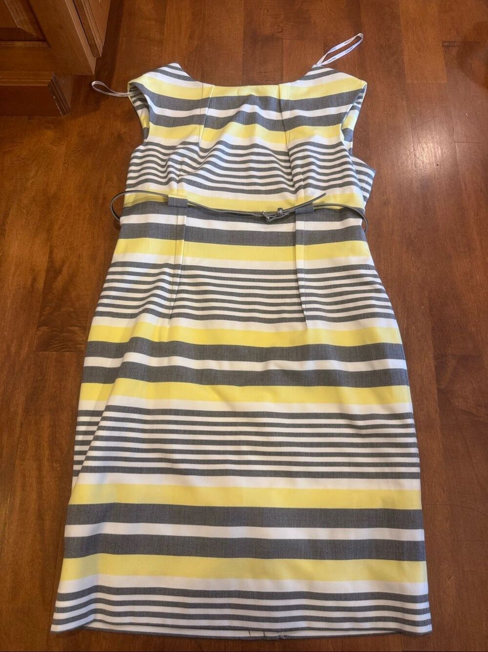 Calvin Klein Women’s 14 Yellow Gray Striped Belted Sheath Career Dress